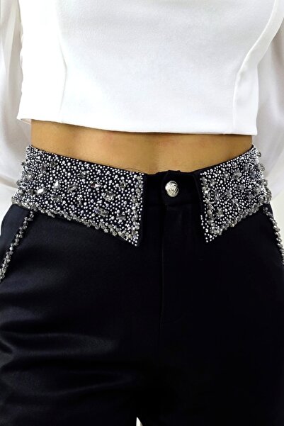 FashionForYou Κομψό σορτς MAVY, με αξεσουάρ από κρύσταλλα και χειροποίητες λεπτομέρειες, μαύρο