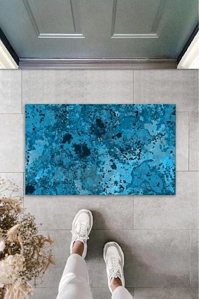 Mu Art Ahşap Decorative Digital Print Blue Batik Outdoor Mat K-2095
