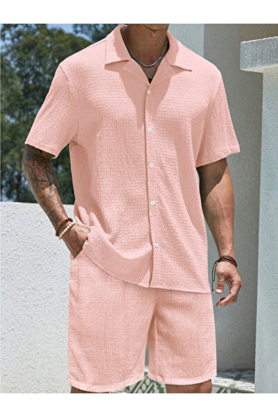 Revasser طقم رجالي ملون مصنوع خصيصًا من قماش ملفوف كبير الحجم بأكمام قصيرة وق...