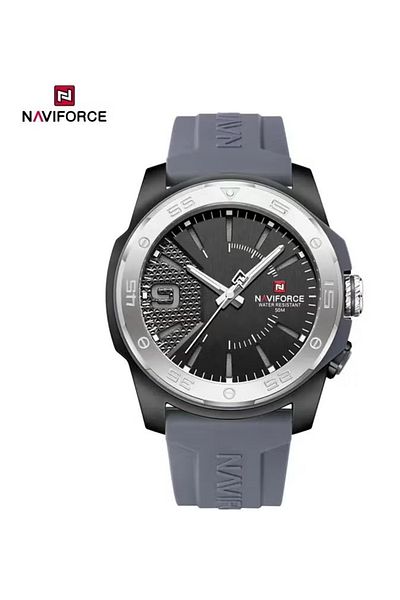 Naviforce Men's Rugged Quartz Watch – 43mm Textured Black Dial, Grey Silicone Strap, Water Resistant