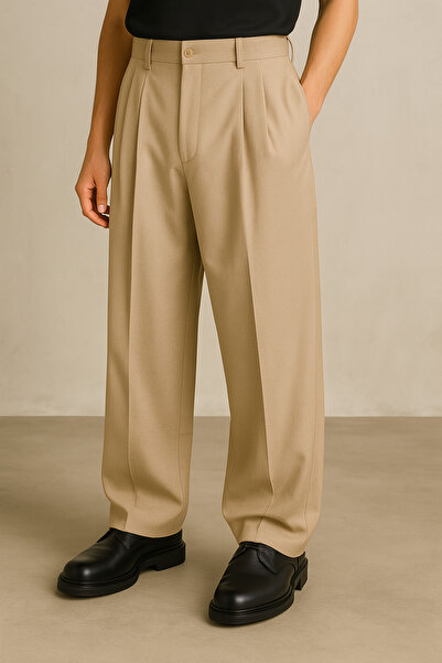 eywear Erkek Bej Renk Pileli Likralı Rahat Kalıp Bol Kesim Baggy Kumaş Pantolon