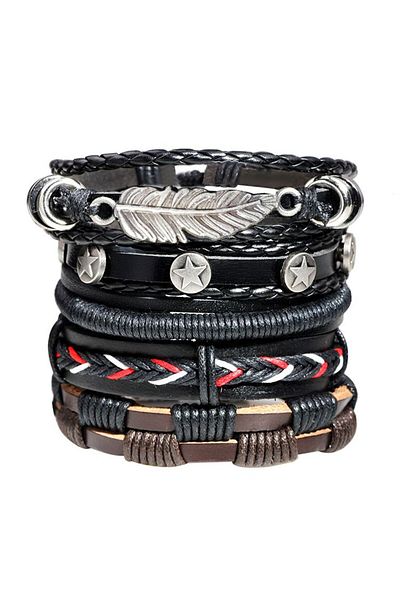 JustZEN Set 5 brățări cu straturi multiple, JustZEN™, pentru bărbați, din piele, negru