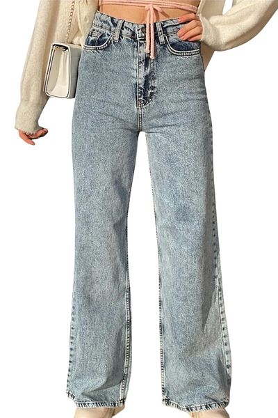 byhaziran butik Emly Women's Blue Snow Washed High Waist Stretchy Denim Fabric Loose Leg Jeans