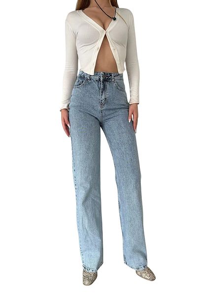 byhaziran butik Zena Women's Blue Snow Wash High Waist Lycra 90's Loose Leg Jeans