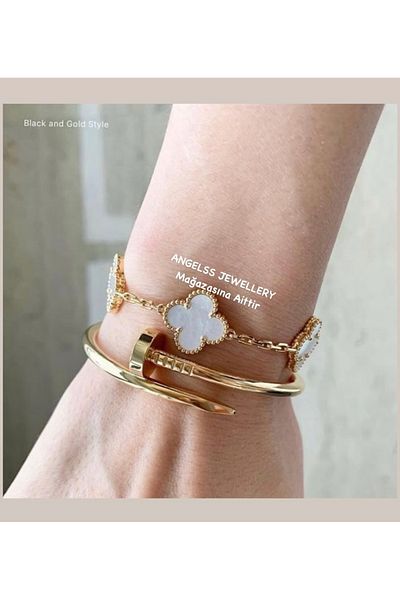 ANGELSS JEWELLERY Double Combination White Clover Model Bracelet Gold Nail Handcuff Bracelet Set Van Cleeff 2-Piece Bracelet Set
