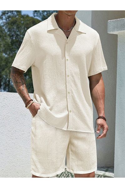 COHERENT Men's Colorful Special Production Spacious Oversize Wrinkle Fabric Shorts Short Sleeve Shirt Jogger Suit