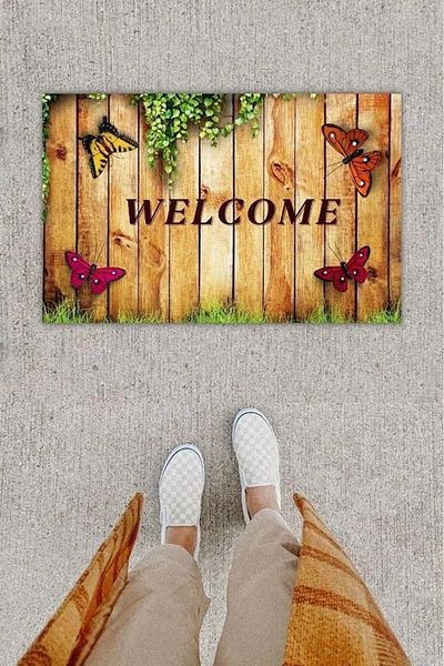 Mu Art Ahşap Digital Printing Decorative Butterfly Brown Door Mat K-1257