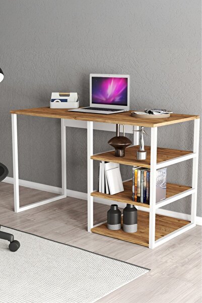 FAVORA Dunga Raflı Metal Ayaklı Çalışma Masası - Atlantik Çam - Beyaz