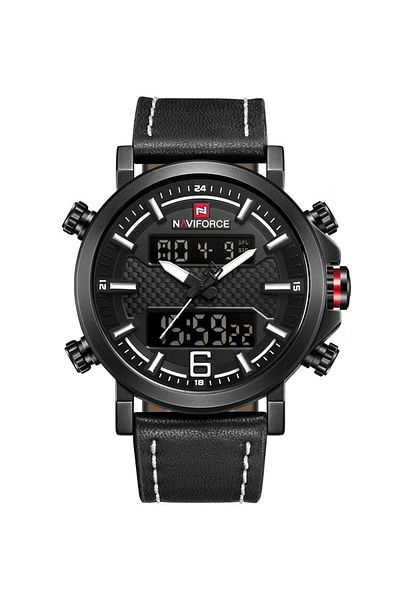 Naviforce Men's Sport Analog-Digital Watch – 46mm Leather Strap, Alarm, Date Display, Water Resistant