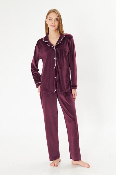 seamlife Women's Cotton Luxury Velvet Purple Shirt Collar Buttoned White Piping Pajama Set