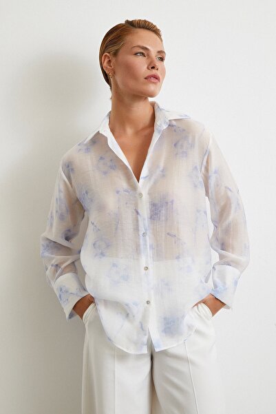 Never more Organze Desenli Tül Gömlek Mavi