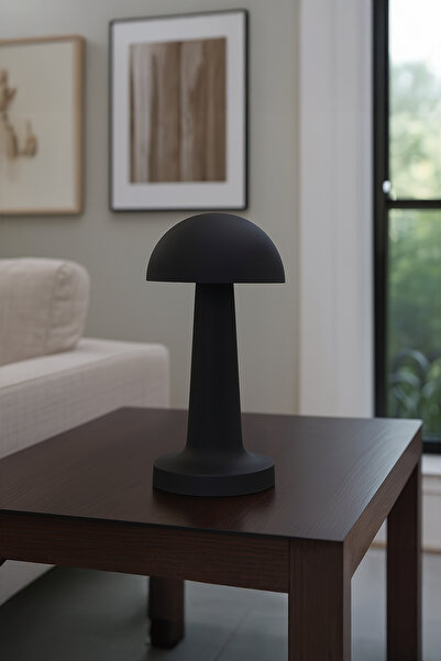 Vadi Dokunmatik Şarjlı 3 Kademeli Işıklı Gece Lambası Usb Girişli Siyah Metal Mantar Masa Lambası