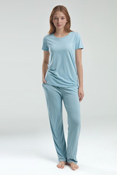 Pierre Cardin Kadın Kısa Kol Geniş Yaka Mavi Viskon Pijama Takımı Q9P0K0C8K