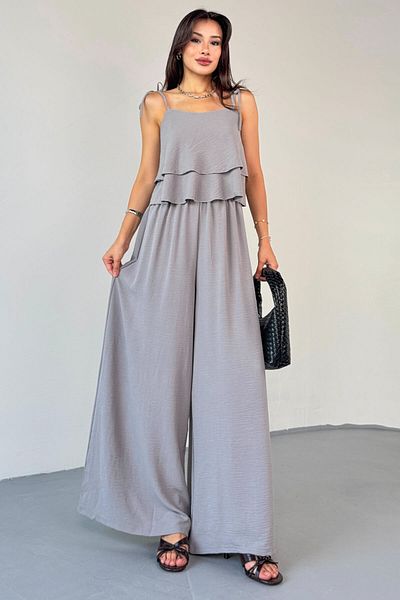 Cappmoda Tkm-13323 Gray Adjustable Strap Flowing Blouse & Waist Elastic Casual Trousers Cotton Double Suit