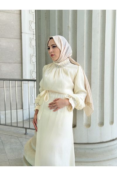 MERVEPLUME Plume Women's Hijab Belted Dress Evening Dress with Belt Detail