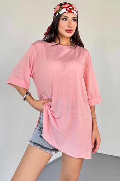Cappmoda T-20 Powder Double Sleeve Detail Side Slit Crew Neck Basic T-Shirt