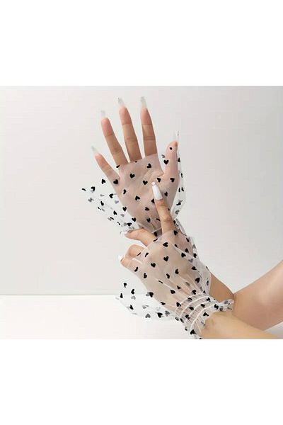 DİLARRA Boutique White Tulle with Black Heart Bridal Wedding Invited Prom Party Gloves