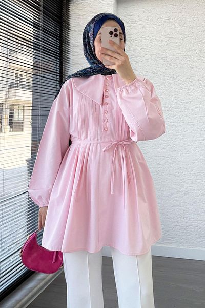 MELEK ARAZ Baby Collar Rib Detailed Belted Poplin Tunic - Pink