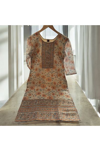 MAJESTIC STYLE FASHION كورتي نسائي بطبعة زهور بأكمام 3/4، بنمط ورود باللونين البيج والرمادي، بتصميم حدود تقليدي