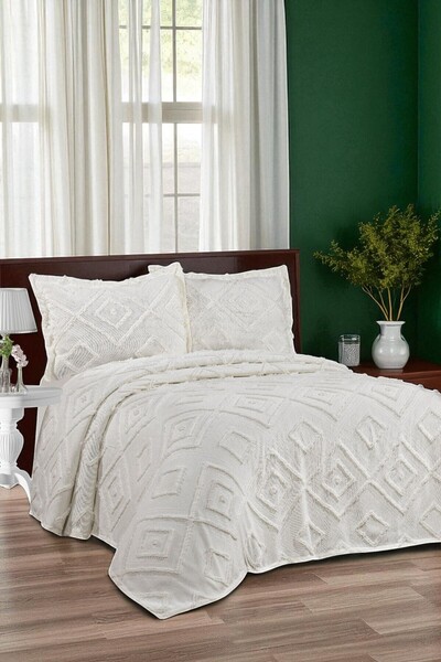 bursa çeyiz Chenille Nordic Double Bedspread 240×250 cm 2 Pillows Geometric Pattern"