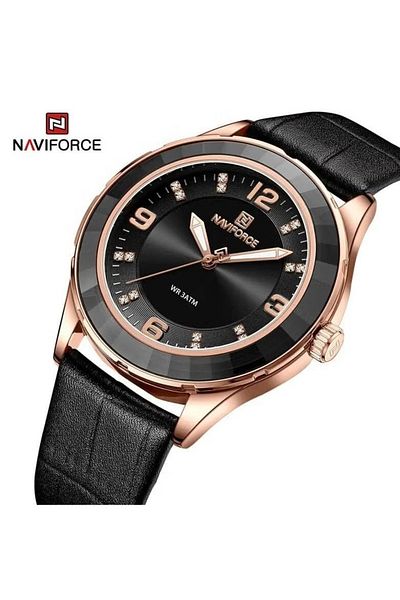 Naviforce Luxury and Classic Black Leather Analog Wrist Watch with Water Resistance and Gold-Tone Case