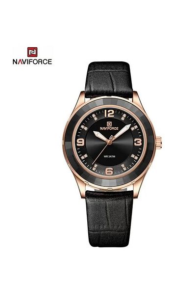 Naviforce Luxury and Classic Black Leather Analog Wrist Watch with Water Resistance and Gold-Tone Case