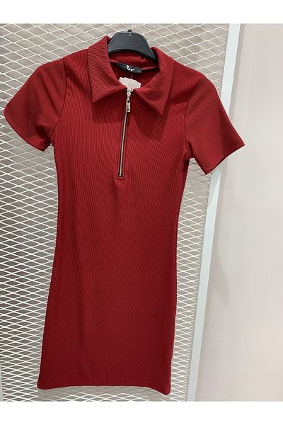 iyzi Women's Red Pola Collar Zipper Dress