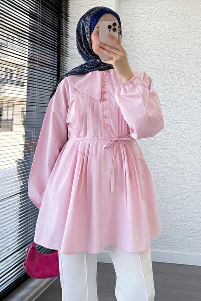 MELEK ARAZ Baby Collar Rib Detailed Belted Poplin Tunic - Pink