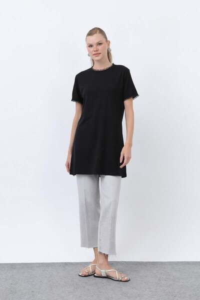 Puane Minimalist Ribana Detaylı Siyah Basic T-Shirt 40013