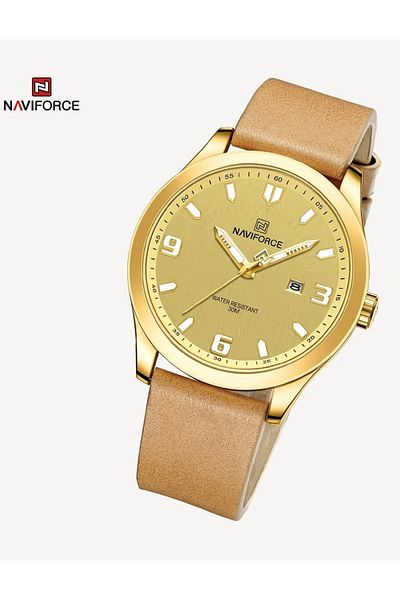 Naviforce Gold Dial Leather Strap Mens Watch Waterproof Quartz Analog Wristwatch with Date Display Stylish