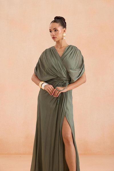 Carmen Βραδινό φόρεμα Χακί με σχισμή ζώνη οργάντζα