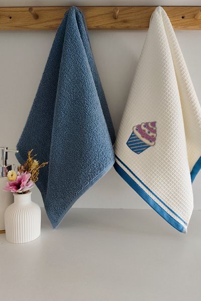 Sevim Set of 2 Embroidered Kitchen Towels - 100% Cotton Cupcake Patterned - 40X60 cm - Indigo