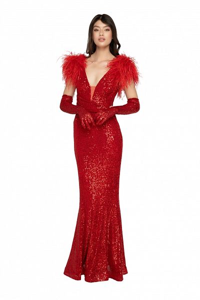 Atmosphere Fashion Long red sequin dress with gloves and feather accessory