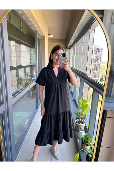 Elif Özbey Butik Black Judge Collar Midi Length Dress