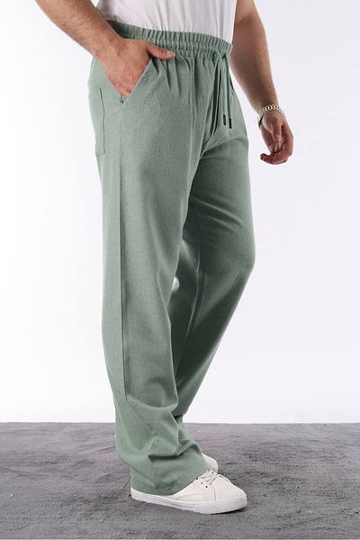 STOCX Men's Light Green Color Elastic Waist Relaxed Fit Linen Trousers