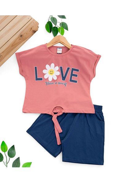 Ege Bebek Girl's Summer Love Printed 2-3-4-5-6 Years Shorts Bottom Top Set