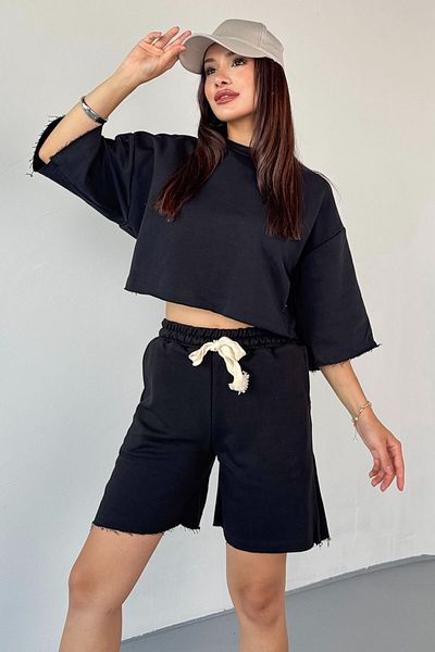 Cappmoda Tkm-03598 Black Color Dirty Stitched Cordon Crop Shorts Suit