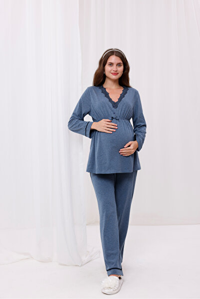 Yulem Homewear طقم بيجامات قطنية للحوامل من Anthracite Melange بياقة مكشكشة م...