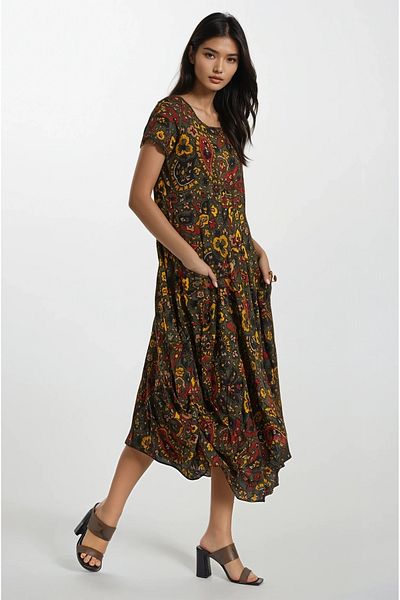VAGGON Women's Khaki Bag Pocket Skirt Asymmetrical Cut Flange and Tassel Detailed Sleeveless Summer Dress Prmx13593