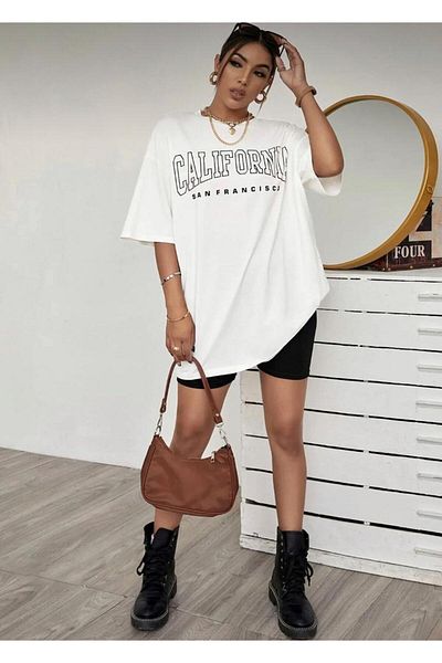 khufu Tricou oversize din bumbac alb CALIFORNIA SAN FRANCISCO Imprimat cu croiala confortabilă unisex