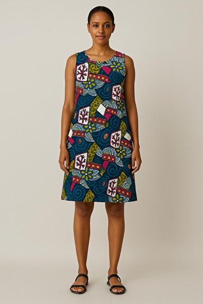 SheLoria Women's Navy Blue Ethnic Patterned Viscose Mini Dress