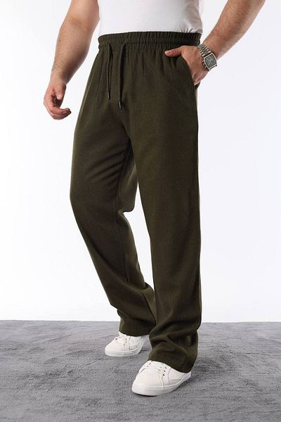 STOCX Men's Khaki Color Elastic Waist Relaxed Fit Linen Trousers