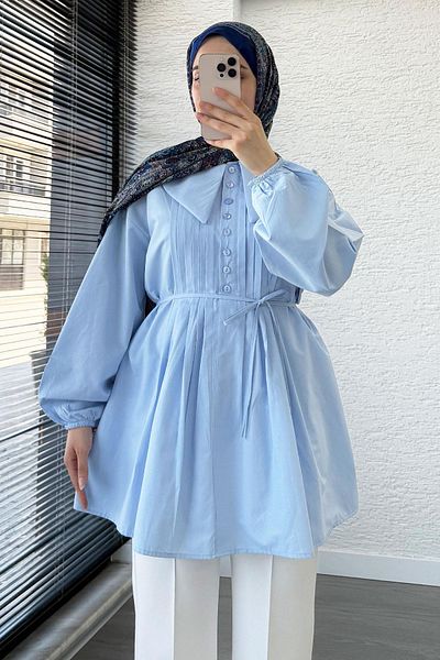 MELEK ARAZ Baby Collar Rib Detailed Belted Poplin Tunic - Blue
