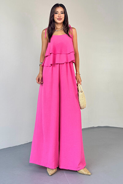 Cappmoda TKM-13323 Roz, cu bretele reglabile, bluză și pantaloni largi cu talie elastică, set de două piese din bumbac