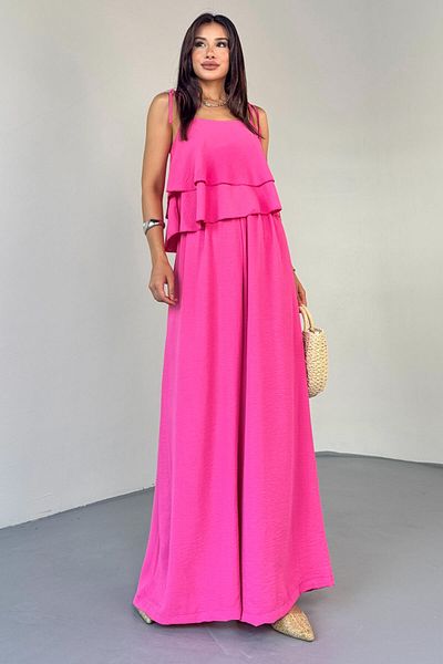 Cappmoda Tkm-13323 Pink Adjustable Strap Flowing Blouse & Waist Elastic Casual Pants Koton Double Set