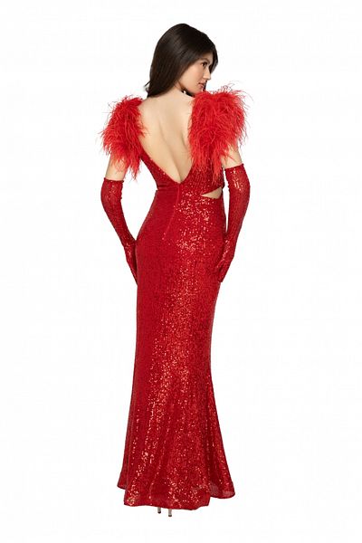 Atmosphere Fashion Long red sequin dress with gloves and feather accessory