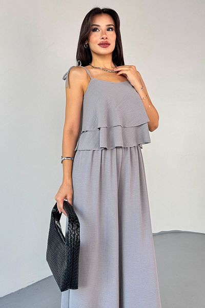 Cappmoda Tkm-13323 Gray Adjustable Strap Flowing Blouse & Waist Elastic Casual Trousers Cotton Double Suit