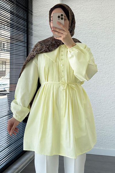 MELEK ARAZ Baby Collar Rib Detailed Belted Poplin Tunic - Yellow