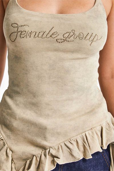 its basic Women's Beige Color S5-15 Stone Printed Ruffle Detailed Strap Tank Top T-Shirt