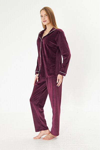 seamlife Kadın Pamuklu Luxury Kadife Mor Gömlek Yaka Boydan Düğmeli Beyaz Biyeli Pijama Takımı